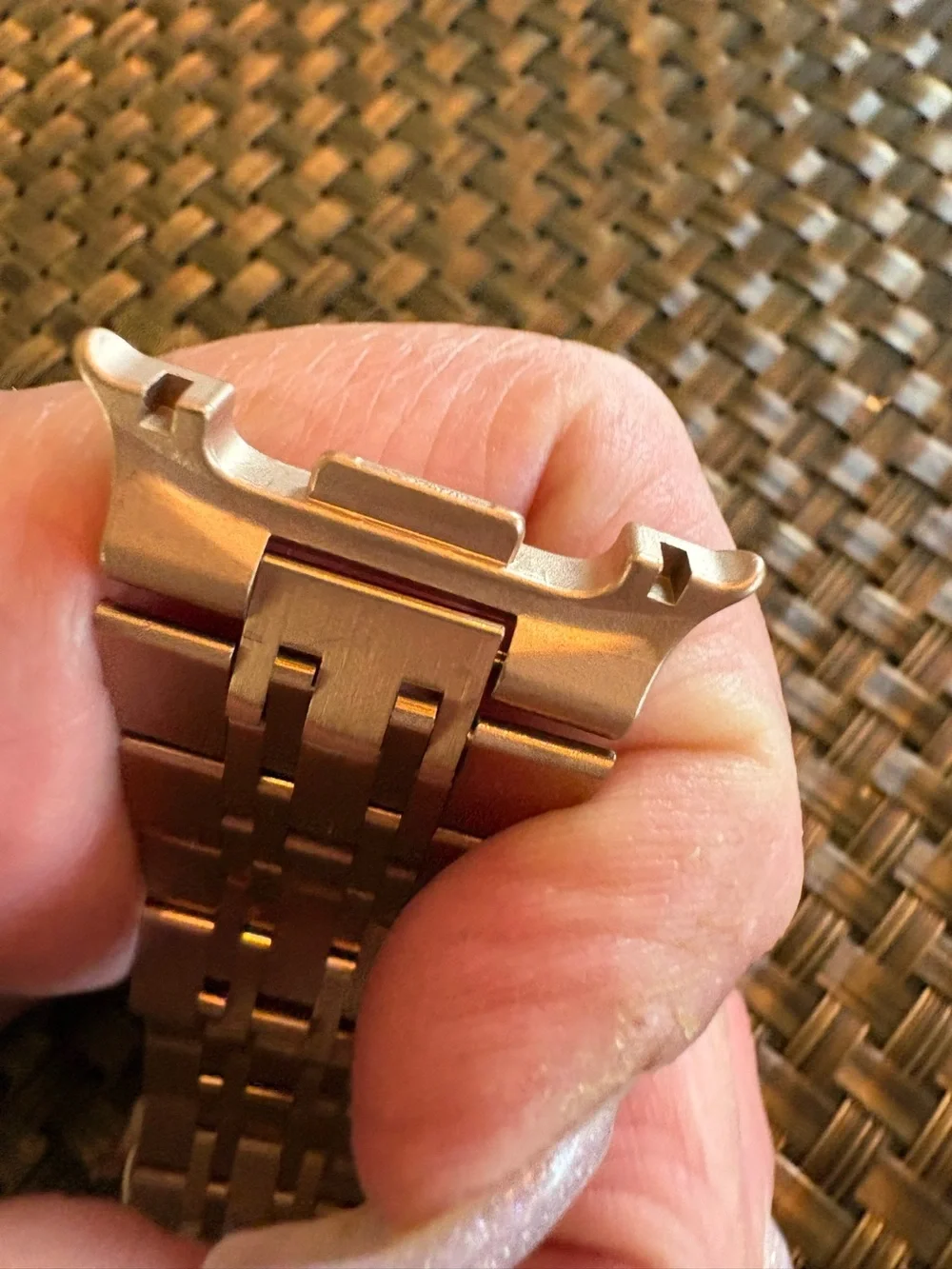 Watch Band- Stainless Steel Rose gold watch band. I am not sure on the size